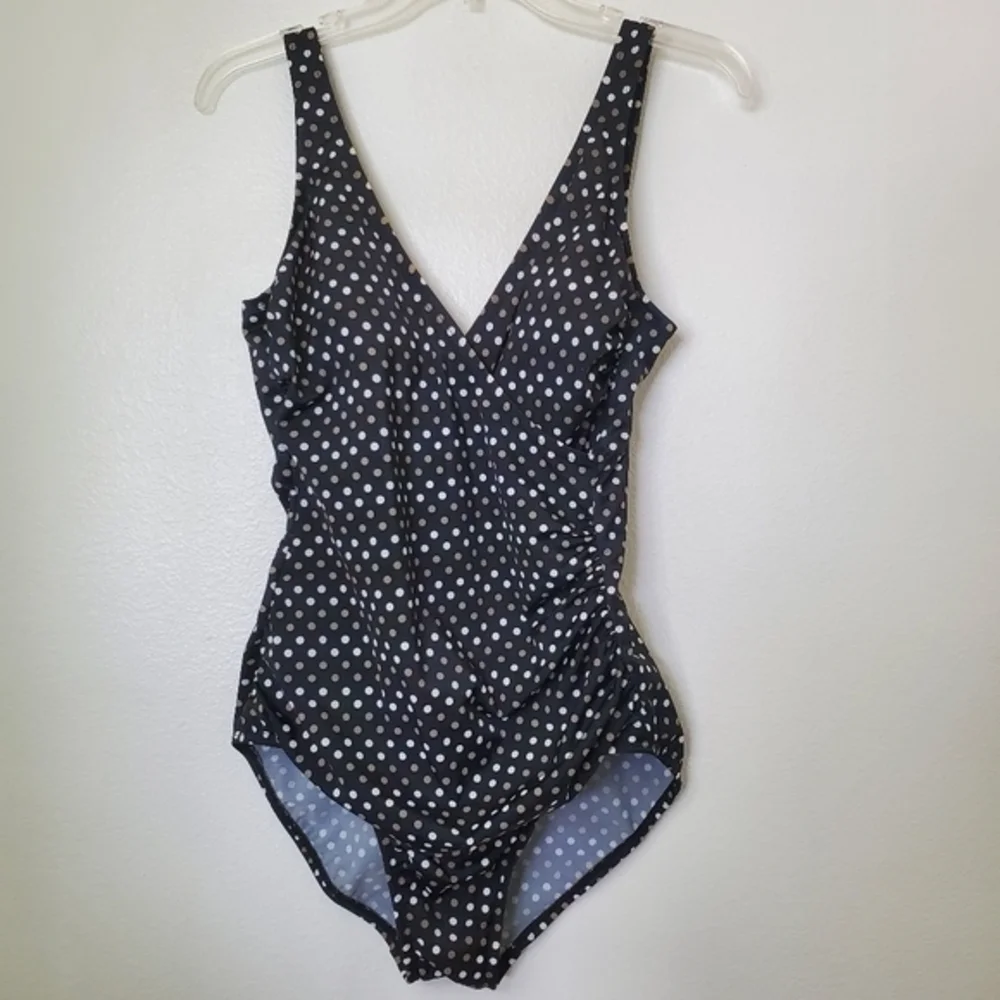 Miraclesuit Women's Black Polka Dot V Neck & Side‎ Ruched One Piece Swimsuit